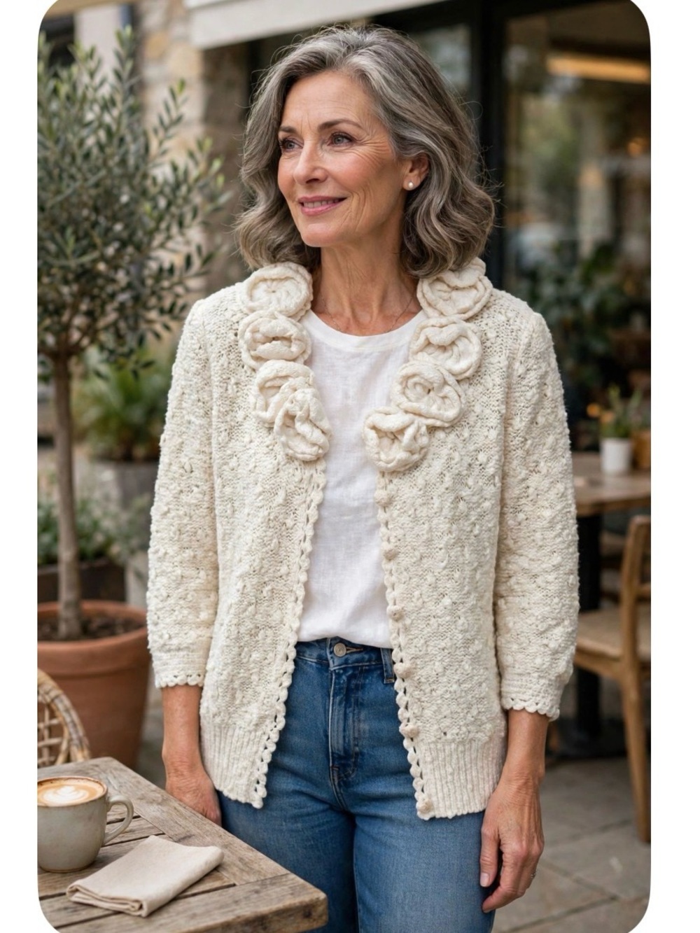 Madeleine‎ Cream Linen Cotton Knit Cardigan Rosette Floral Collar Bobble Sweater